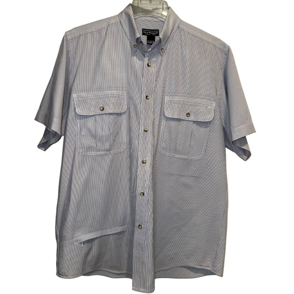 Norm Thompson Gray & White Striped Button Down 3-Pocket Sh Sleeve Shirt Men's L